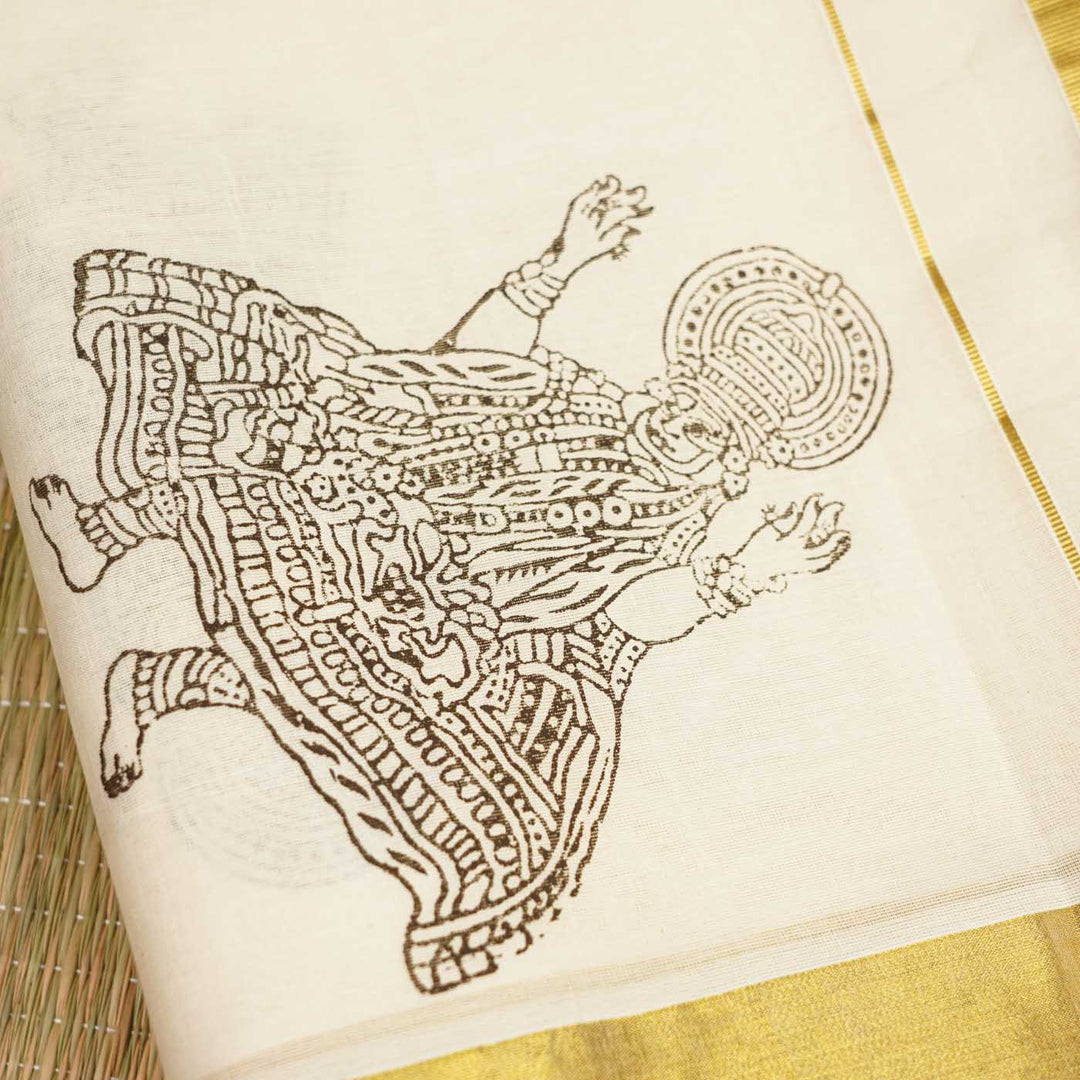 Kathakali Motif Saree | Hand Block Printed Pure Cotton Kerala Kasavu Saree | Onam Special | 5.5m + 80cm Blouse Piece