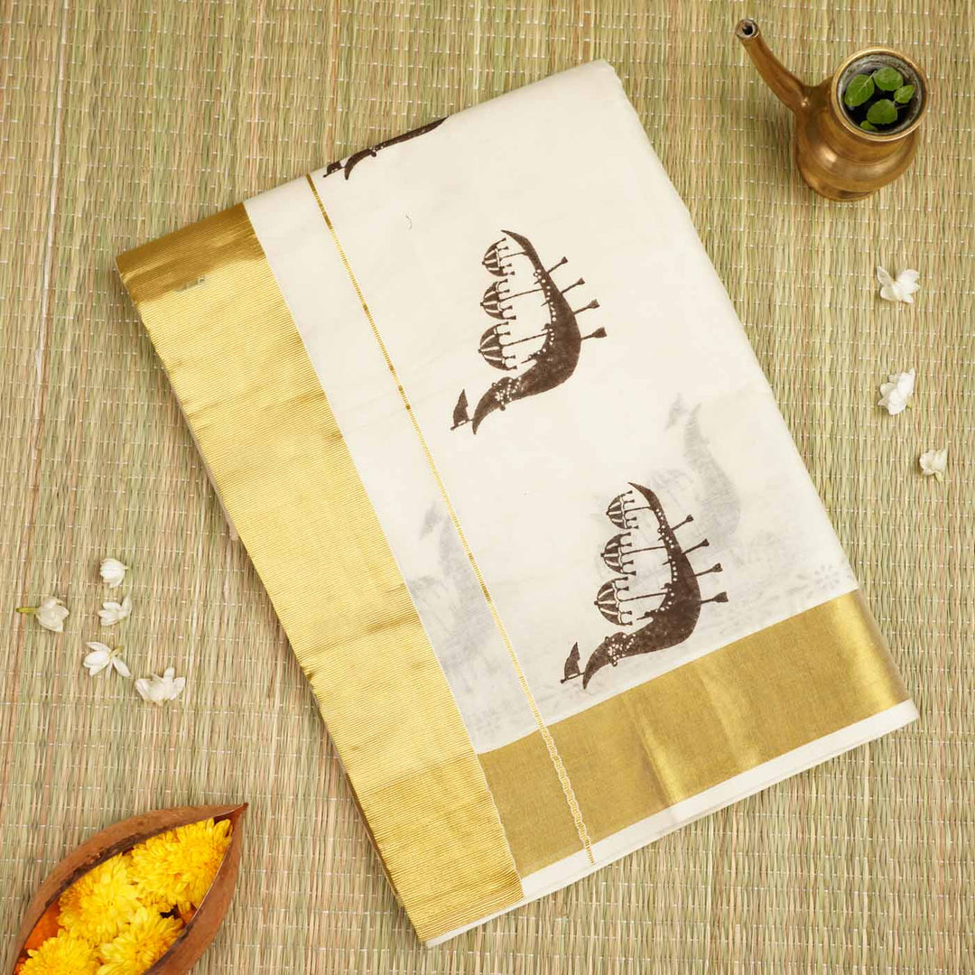 Boat Race Motif Saree | Hand Block Printed Pure Cotton Kerala Kasavu Saree | Onam Special | 5.5m + 80cm Blouse Piece
