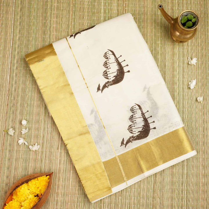 Boat Race Motif Saree | Hand Block Printed Pure Cotton Kerala Kasavu Saree | Onam Special | 5.5m + 80cm Blouse Piece