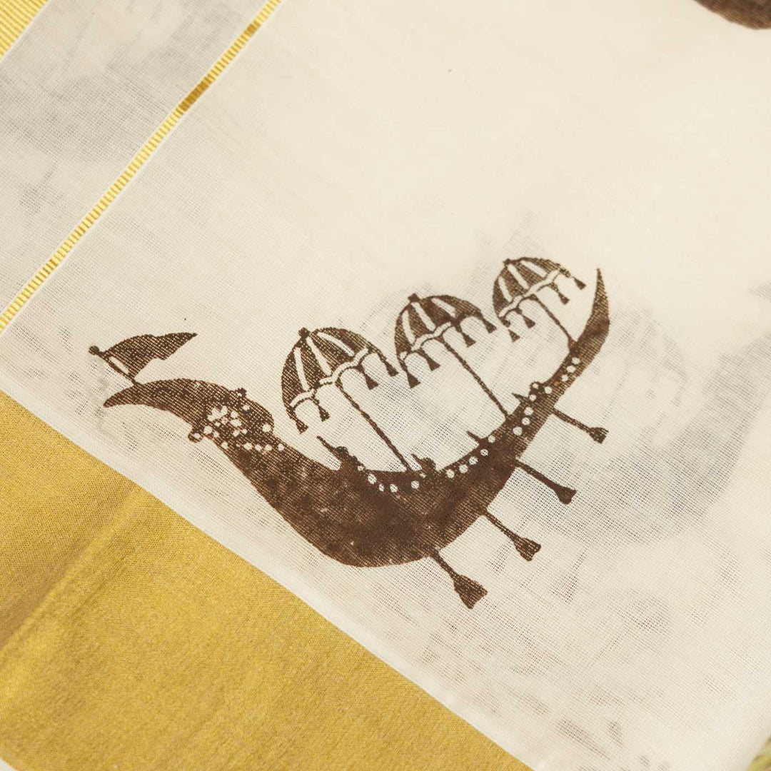 Boat Race Motif Saree | Hand Block Printed Pure Cotton Kerala Kasavu Saree | Onam Special | 5.5m + 80cm Blouse Piece
