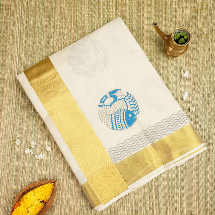 Fish Motif Saree | Hand Block Printed Pure Cotton Kerala Kasavu Saree | Onam Special | 5.5m + 80cm Blouse Piece