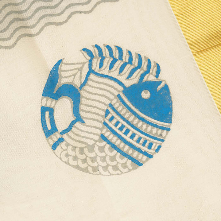 Fish Motif Saree | Hand Block Printed Pure Cotton Kerala Kasavu Saree | Onam Special | 5.5m + 80cm Blouse Piece