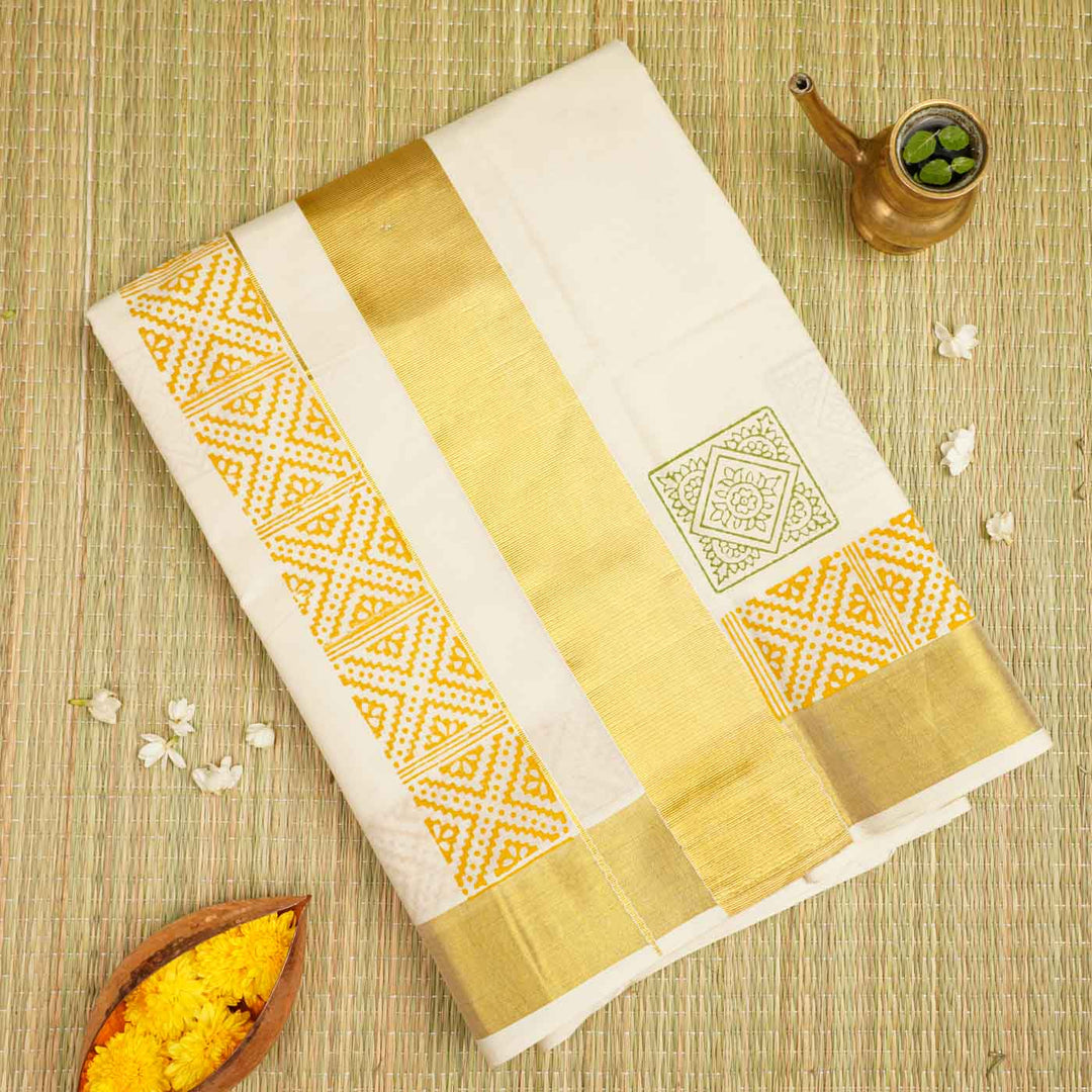 Mandala Motif Saree | Hand Block Printed Pure Cotton Kerala Kasavu Saree | Onam Special | 5.5m + 80cm Blouse Piece