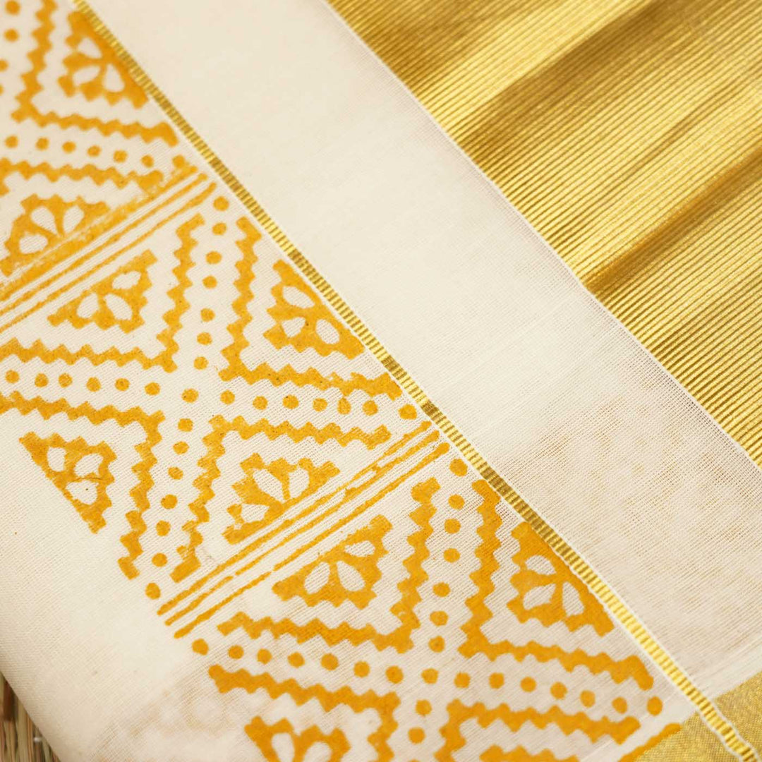 Mandala Motif Saree | Hand Block Printed Pure Cotton Kerala Kasavu Saree | Onam Special | 5.5m + 80cm Blouse Piece