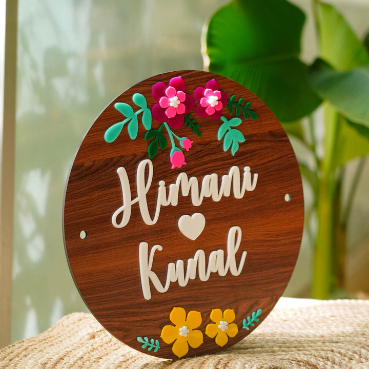 Personalized Brown Floral Theme Mdf Wood Name Plate