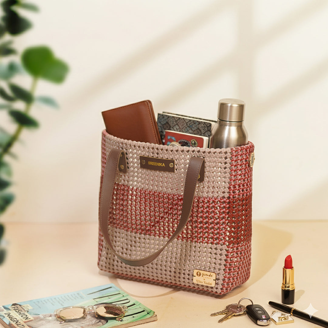 Grey And Brown Horizontal Stripes Handmade Wire Koodai Tote Bag