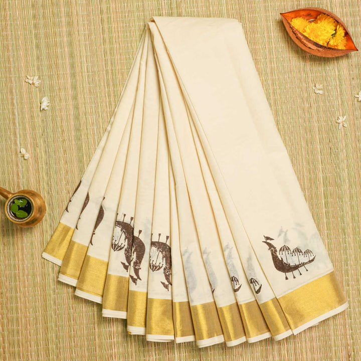 Boat Race Motif Saree | Hand Block Printed Pure Cotton Kerala Kasavu Saree | Onam Special | 5.5m + 80cm Blouse Piece
