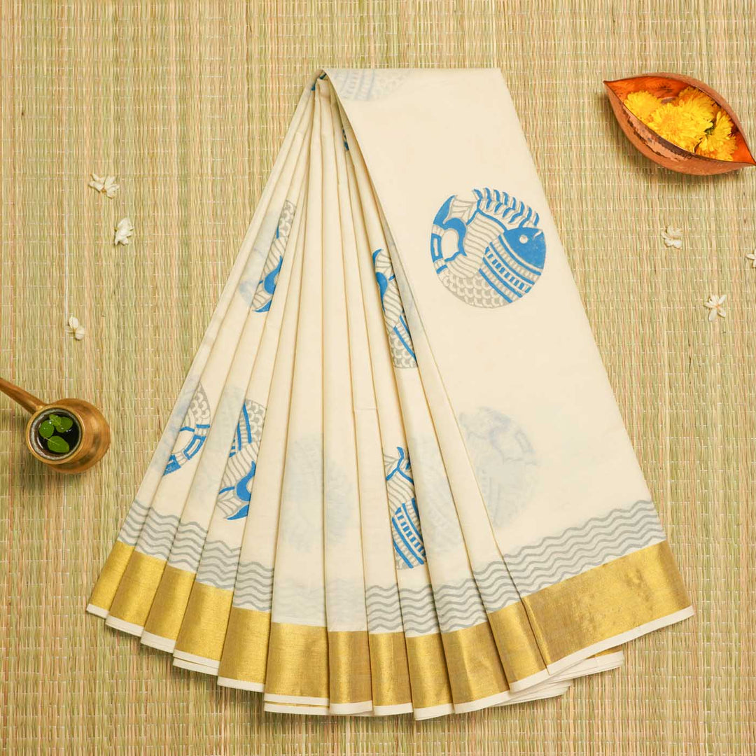 Fish Motif Saree | Hand Block Printed Pure Cotton Kerala Kasavu Saree | Onam Special | 5.5m + 80cm Blouse Piece