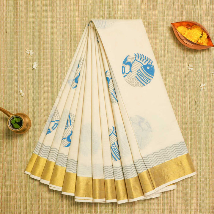 Fish Motif Saree | Hand Block Printed Pure Cotton Kerala Kasavu Saree | Onam Special | 5.5m + 80cm Blouse Piece