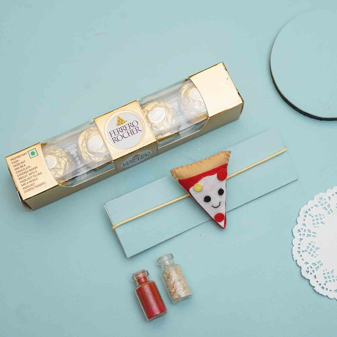 Handmade Pizza Felt Rakhi With Roli Chawal - Pizza Slice with Ferrero Rocher Gift