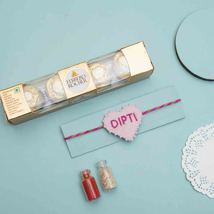 Personalized Handmade Pink Heart Felt Rakhi With Roli Chawal