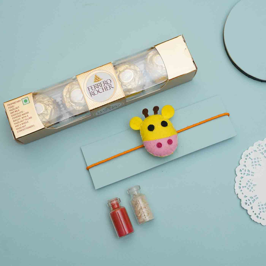 Handmade Giraffe Felt Rakhi With Roli Chawal - Yellow Giraffe Rakhi with Gift Items