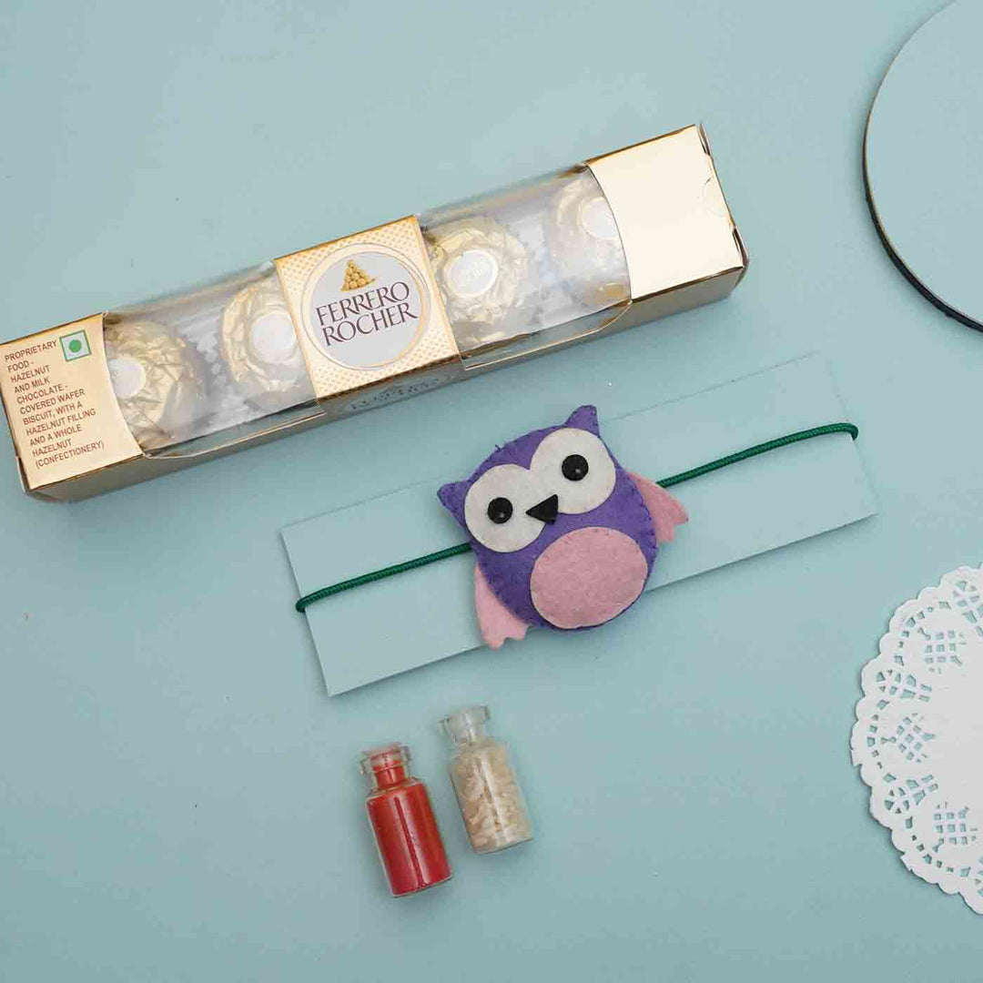 Handmade Owl Felt Rakhi With Roli Chawal - Owl Rakhi with Gift Items