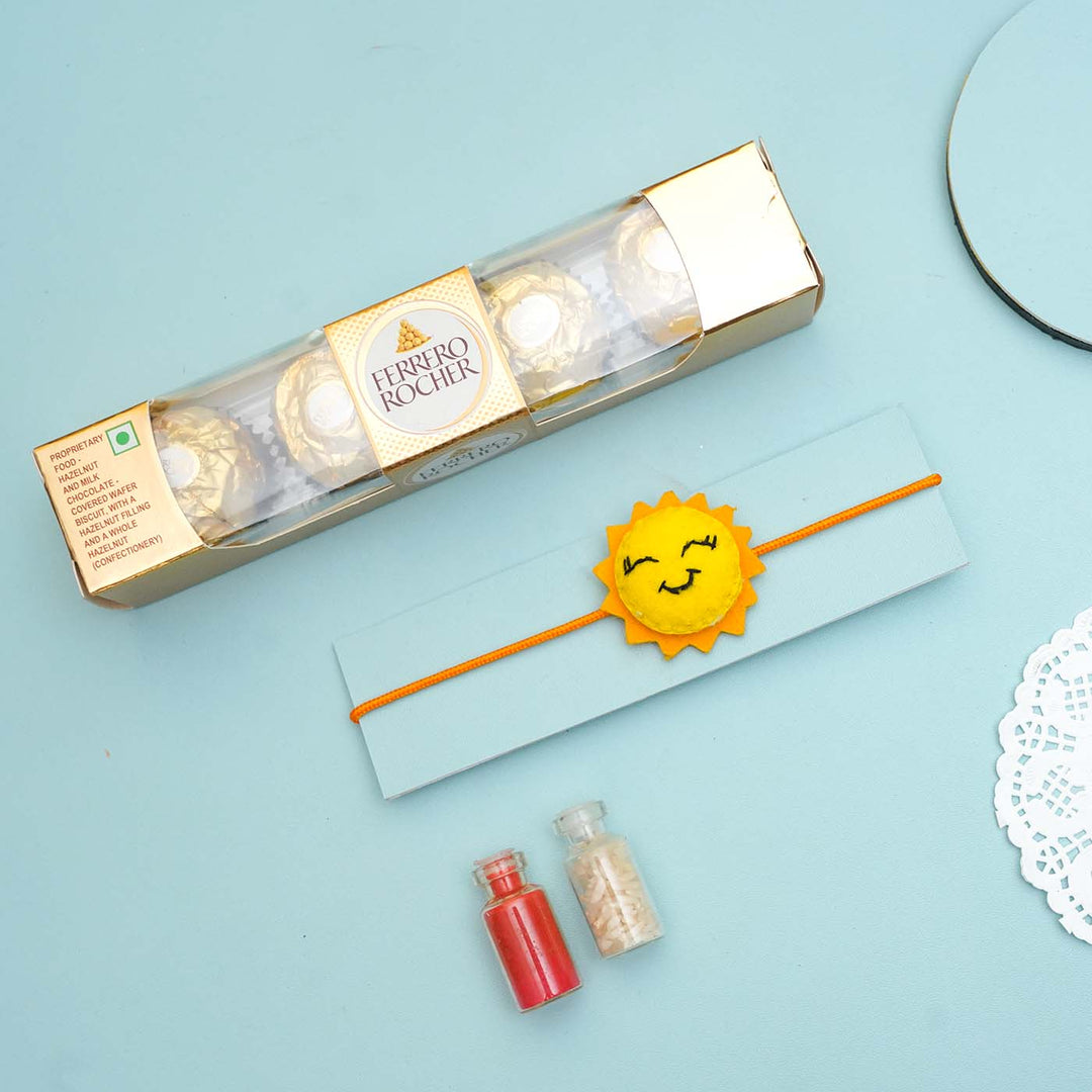 Handmade Sun Felt Rakhi With Roli Chawal - Sun Rakhi with Chocolates and Spices
