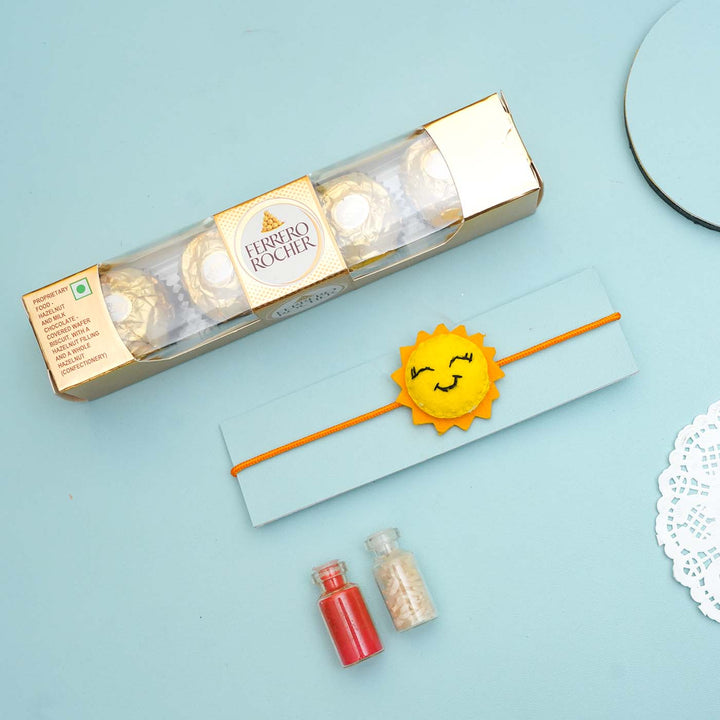 Handmade Sun Felt Rakhi With Roli Chawal - Sun Rakhi with Chocolates and Spices