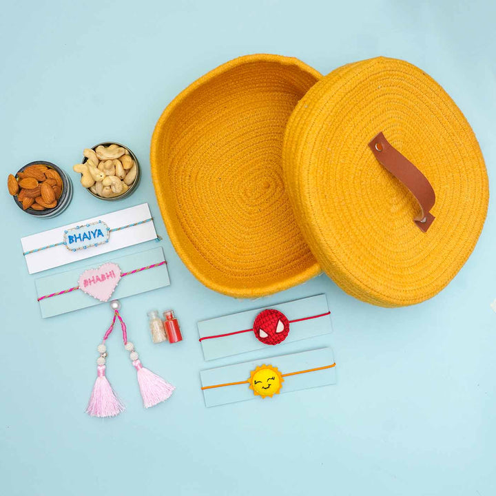Handmade Felt Family Rakhi Basket Hamper For Bhaiya Bhabhi & Kids | Set of 6