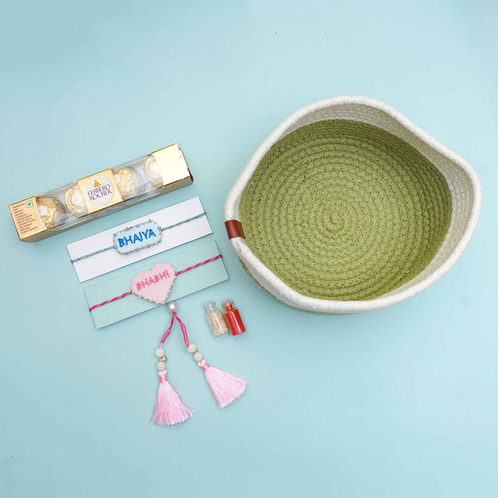 Handmade Felt Rakhi Basket Hamper With Chocolates & Roli Chawal For Bhaiya and Bhabhi | Set of 2