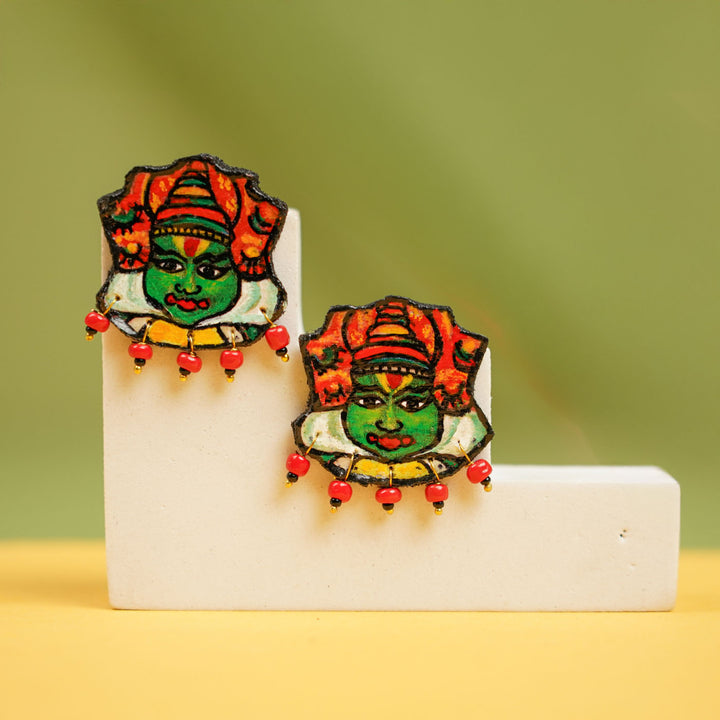 Hand-Painted Beaded Kathakali Wooden Stud Earrings