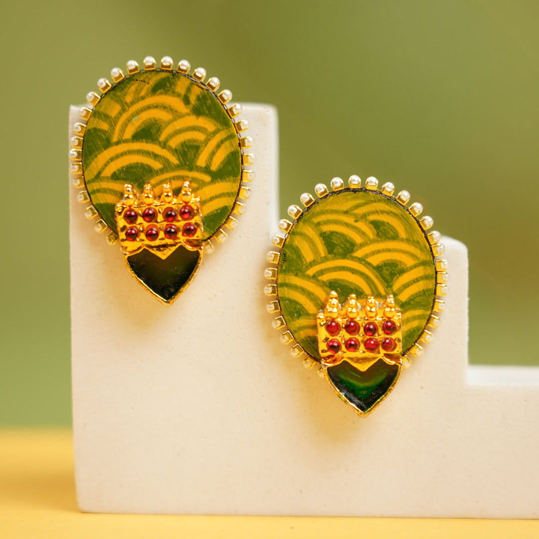 Hand-Painted Green Kemp Wooden Stud Earrings