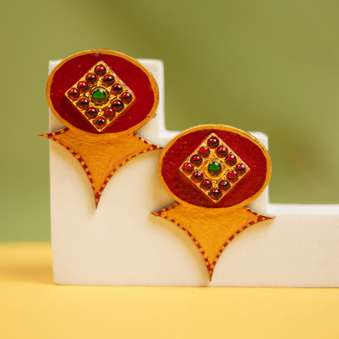 Hand-Painted Yellow & Maroon Kemp Wooden Stud Earrings