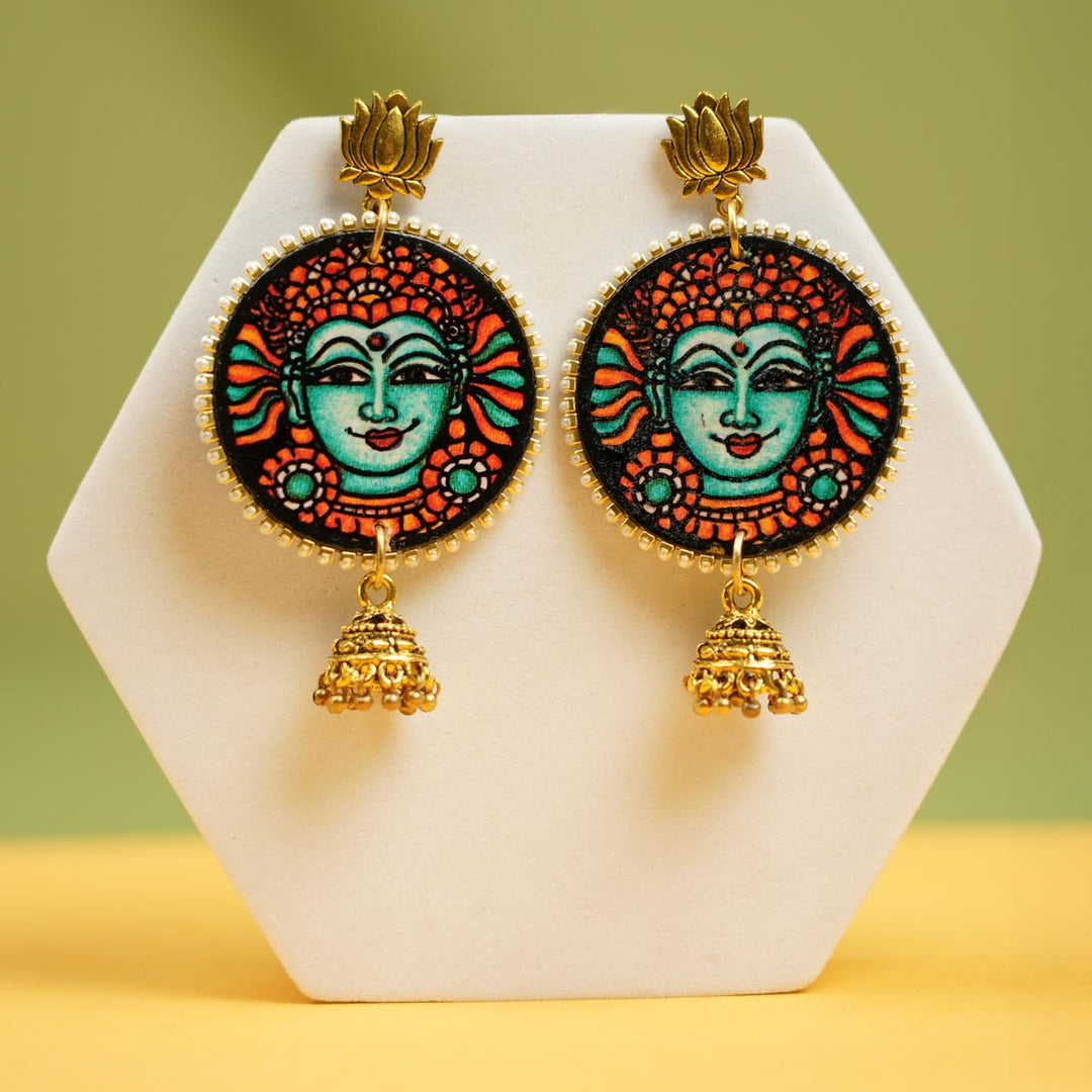 Hand-Painted Kerala Mural Devi Wooden Earrings
