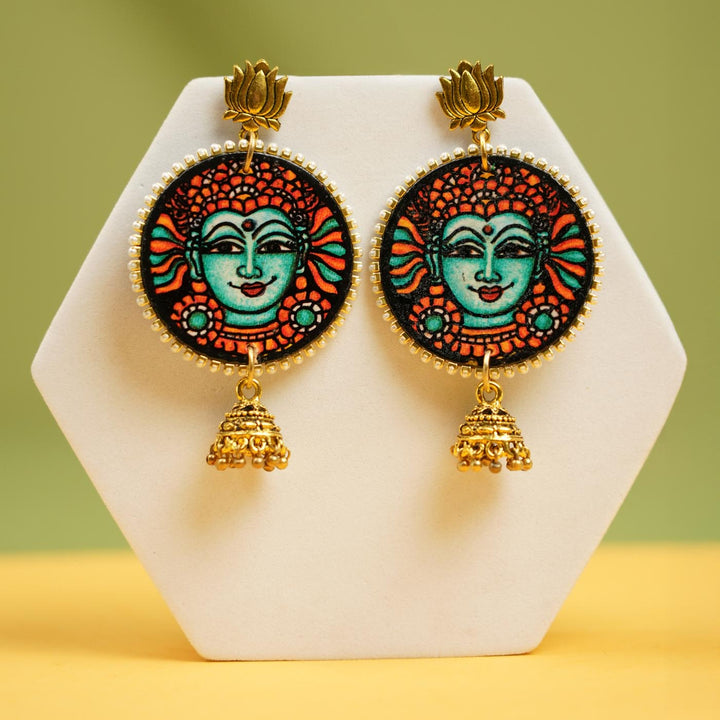 Hand-Painted Kerala Mural Devi Wooden Earrings