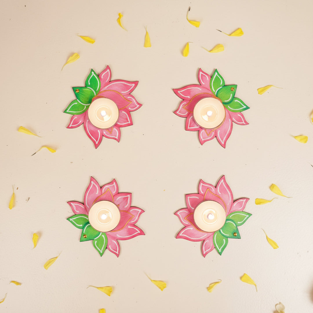 Hand-Painted Lotus MDF Wood Tealight Holder