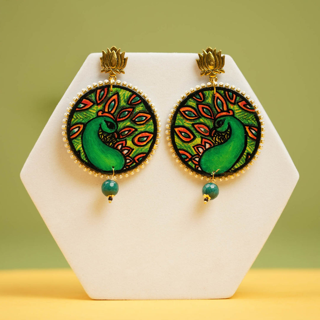 Hand-Painted Kerala Mural Peacock Wooden Earrings