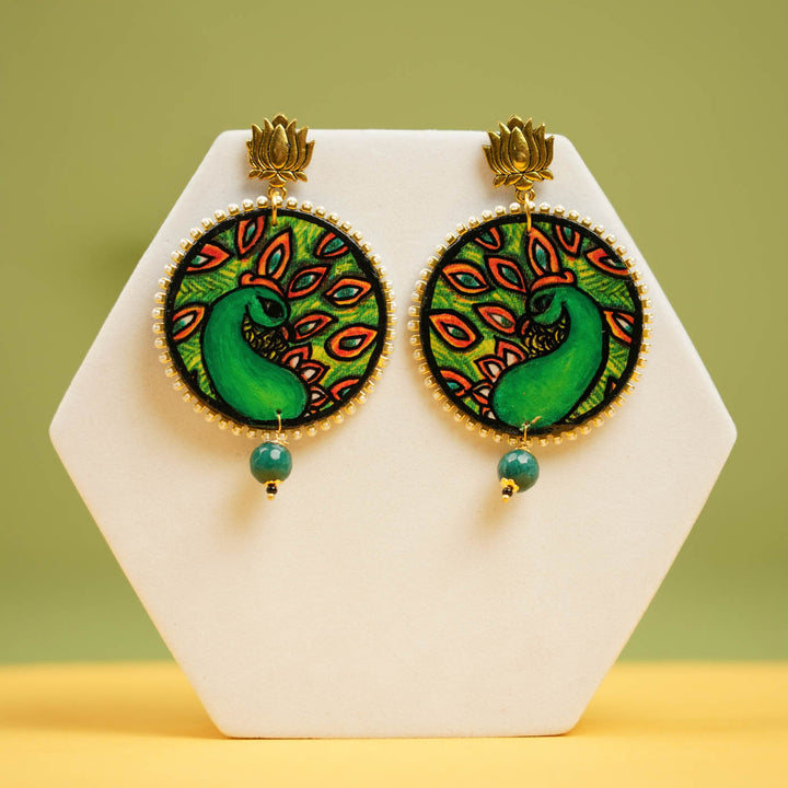 Hand-Painted Kerala Mural Peacock Wooden Earrings
