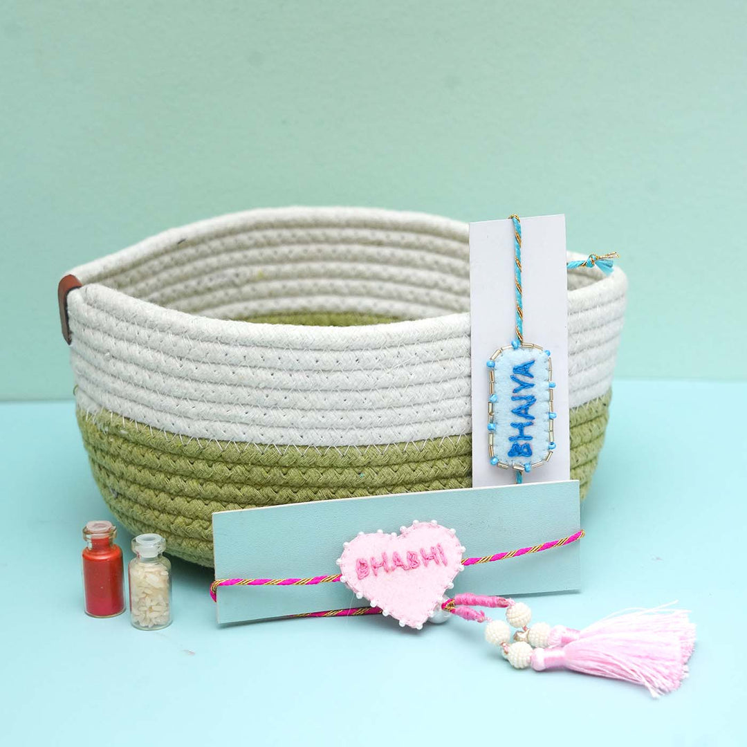Handmade Felt Rakhi Basket Hamper With Chocolates & Roli Chawal For Bhaiya and Bhabhi | Set of 2