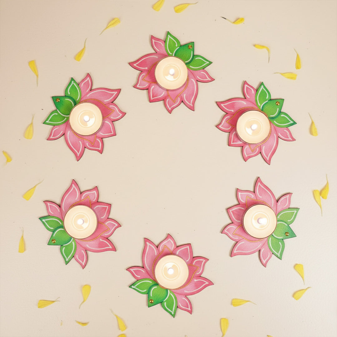 Hand-Painted Lotus MDF Wood Tealight Holder