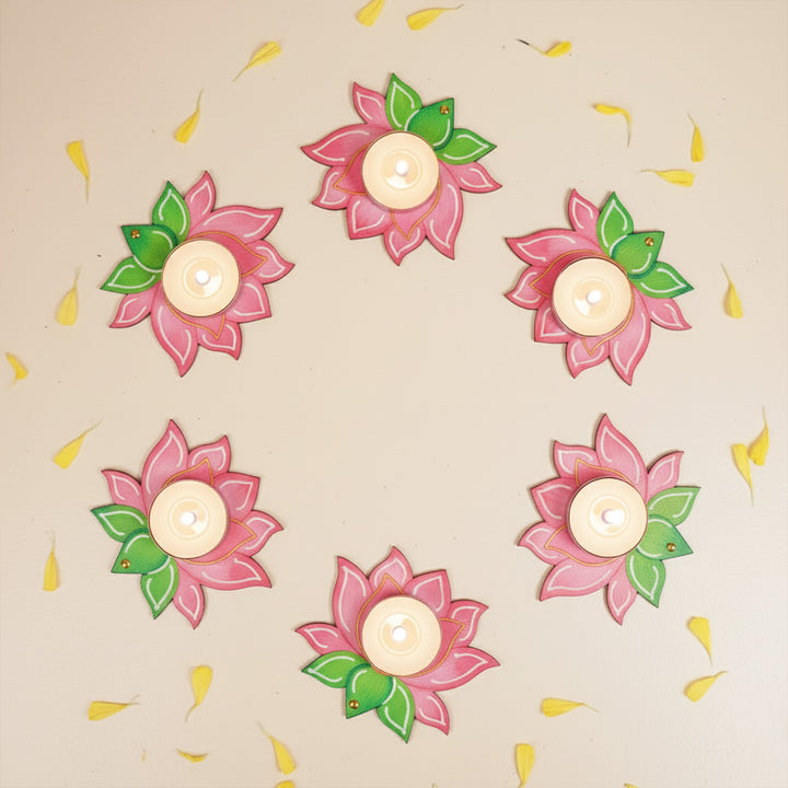 Hand-Painted Lotus MDF Wood Tealight Holder