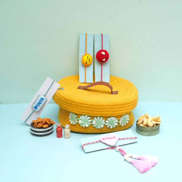 Handmade Felt Family Rakhi Basket Hamper For Bhaiya Bhabhi & Kids | Set of 6