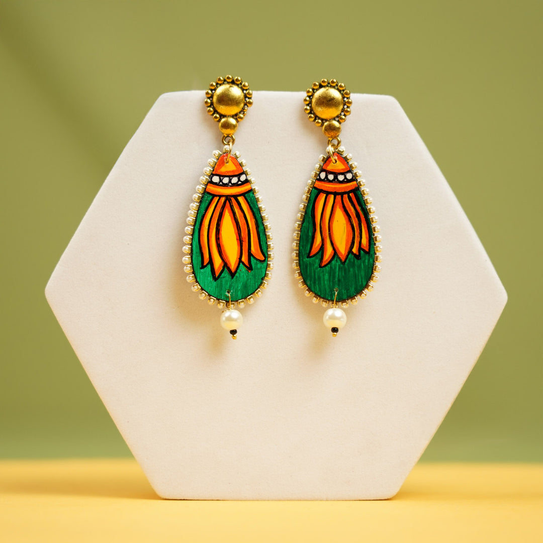 Hand-Painted Kerala Mural Green Lotus Wooden Earrings