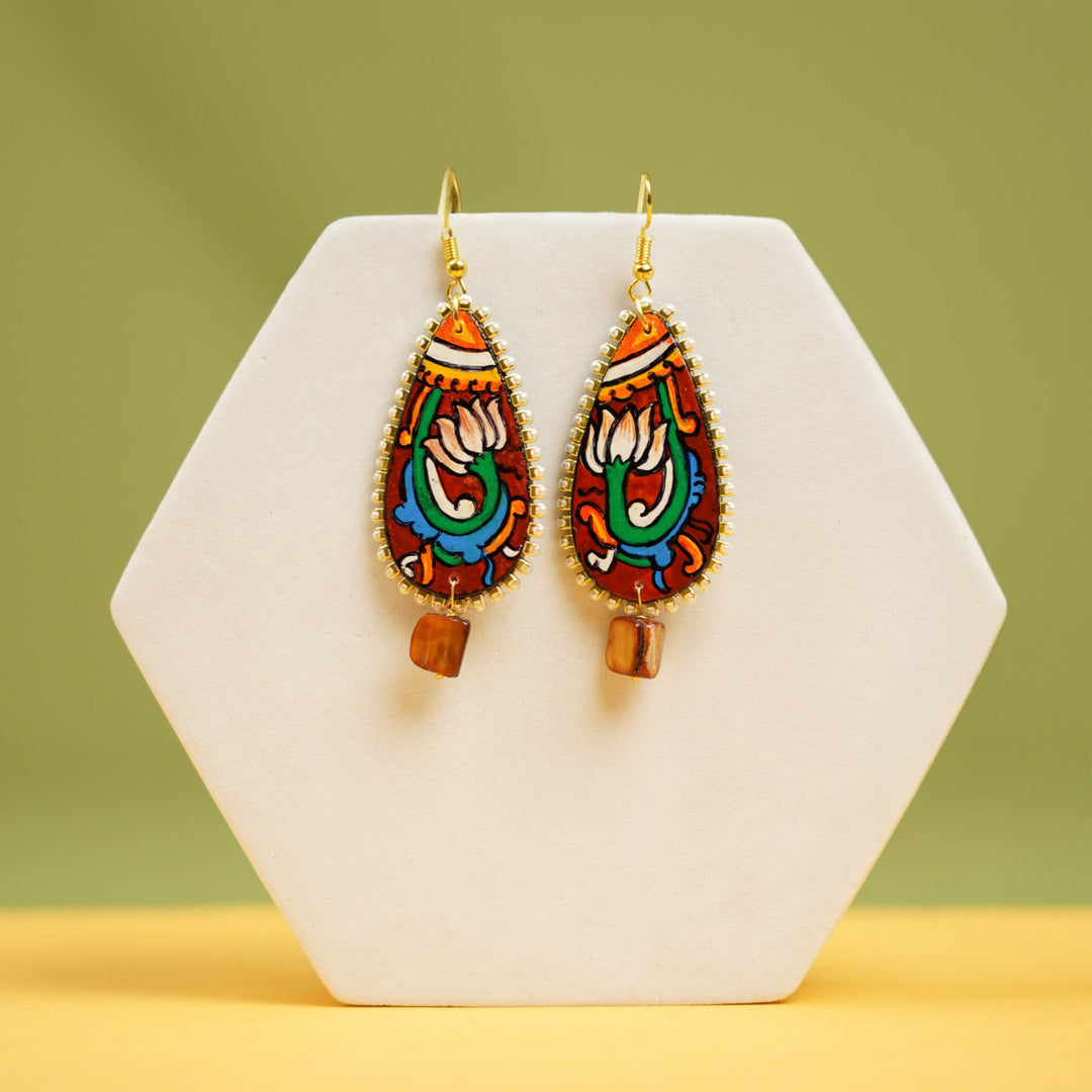 Hand-Painted Kerala Mural Brown Lotus Wooden Dangler Earrings