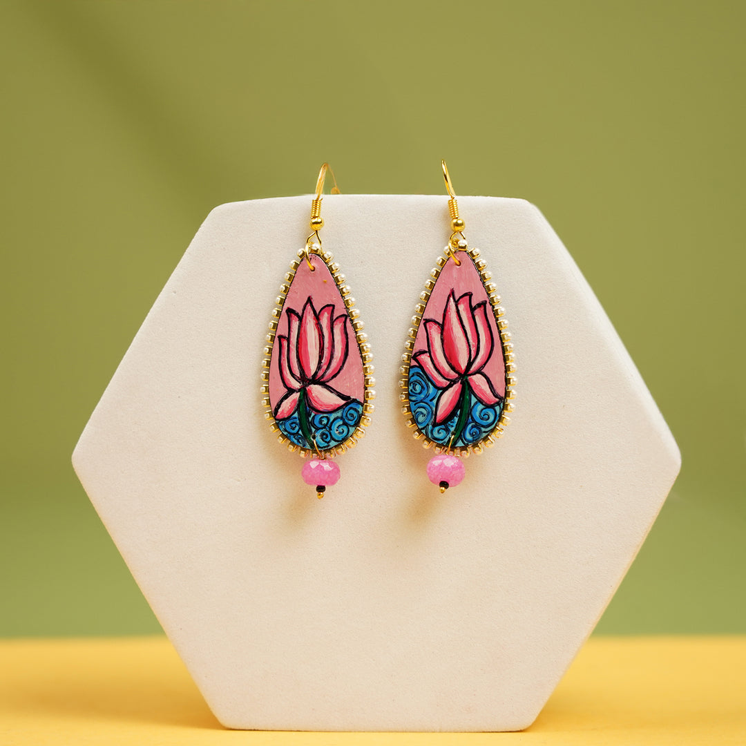 Hand-Painted Kerala Mural Lotus Wooden Dangler Earrings