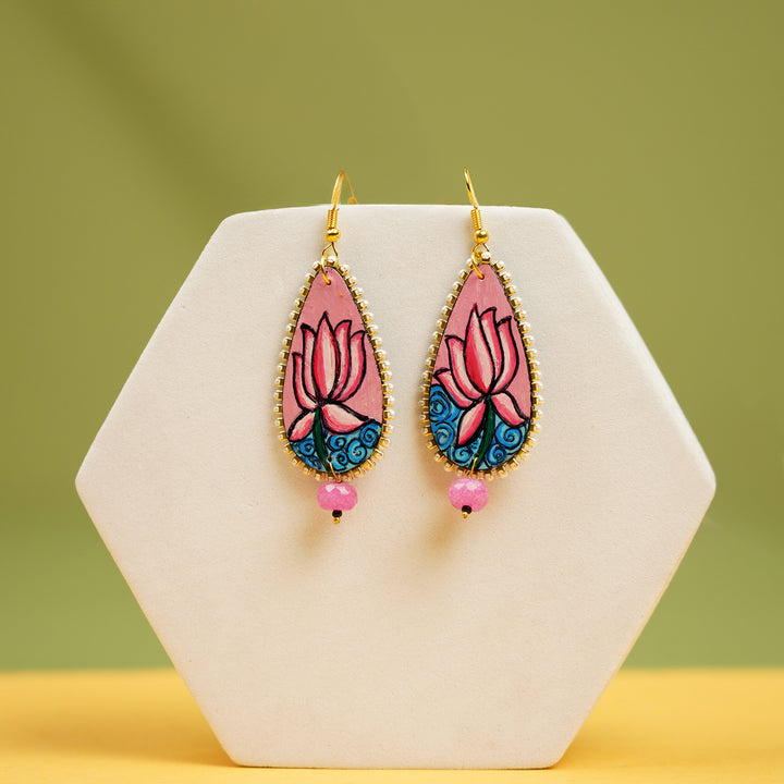Hand-Painted Kerala Mural Lotus Wooden Dangler Earrings