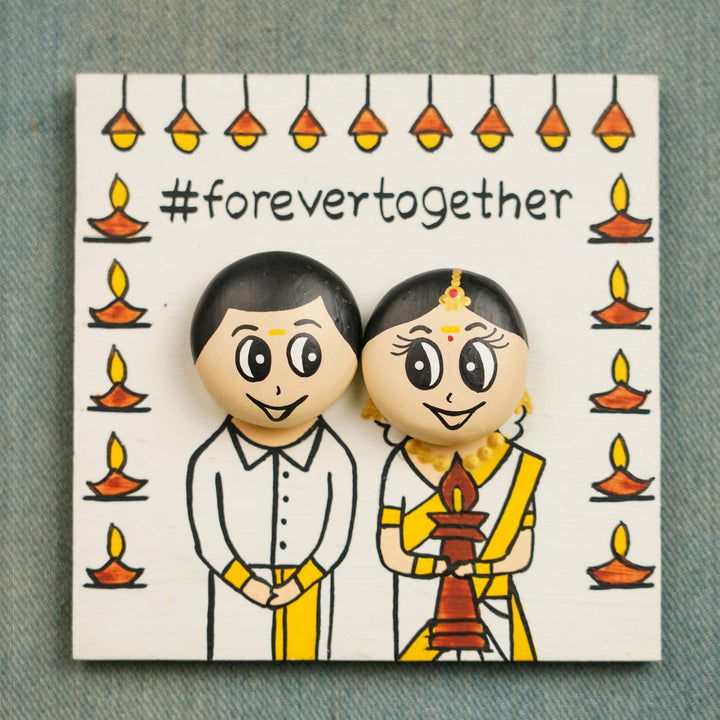 Personalised Hand-Painted Pebble Art Kerala Wedding Couple Wooden Decorative Plaque
