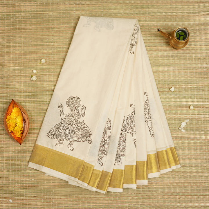 Kathakali Motif Saree | Hand Block Printed Pure Cotton Kerala Kasavu Saree | Onam Special | 5.5m + 80cm Blouse Piece