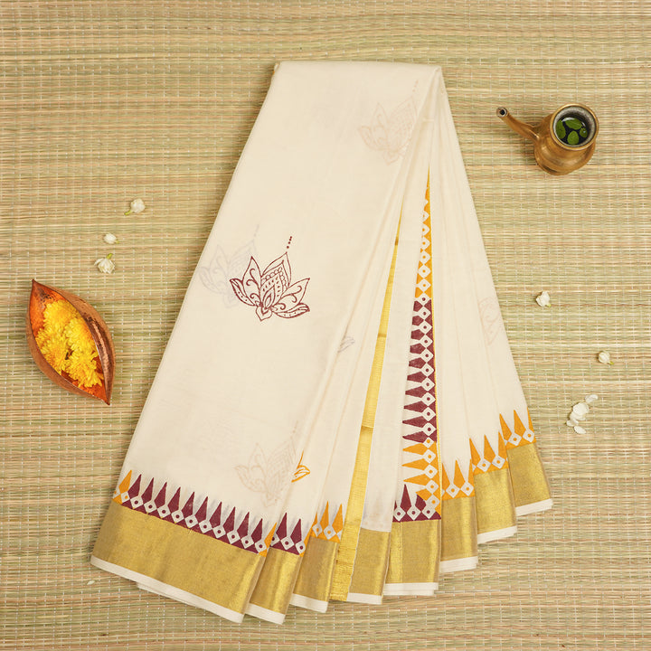 Lotus Motif Saree | Hand Block Printed Pure Cotton Kerala Kasavu Saree | Onam Special | 5.5m + 80cm Blouse Piece