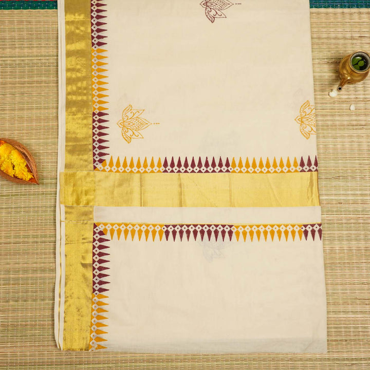 Lotus Motif Saree | Hand Block Printed Pure Cotton Kerala Kasavu Saree | Onam Special | 5.5m + 80cm Blouse Piece
