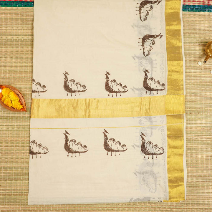 Boat Race Motif Saree | Hand Block Printed Pure Cotton Kerala Kasavu Saree | Onam Special | 5.5m + 80cm Blouse Piece