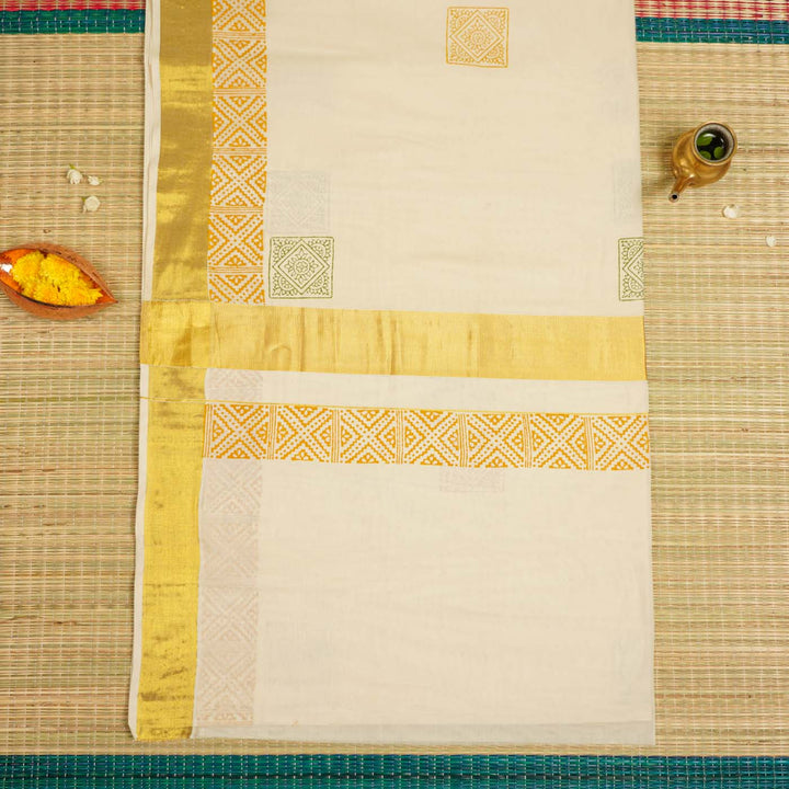 Mandala Motif Saree | Hand Block Printed Pure Cotton Kerala Kasavu Saree | Onam Special | 5.5m + 80cm Blouse Piece