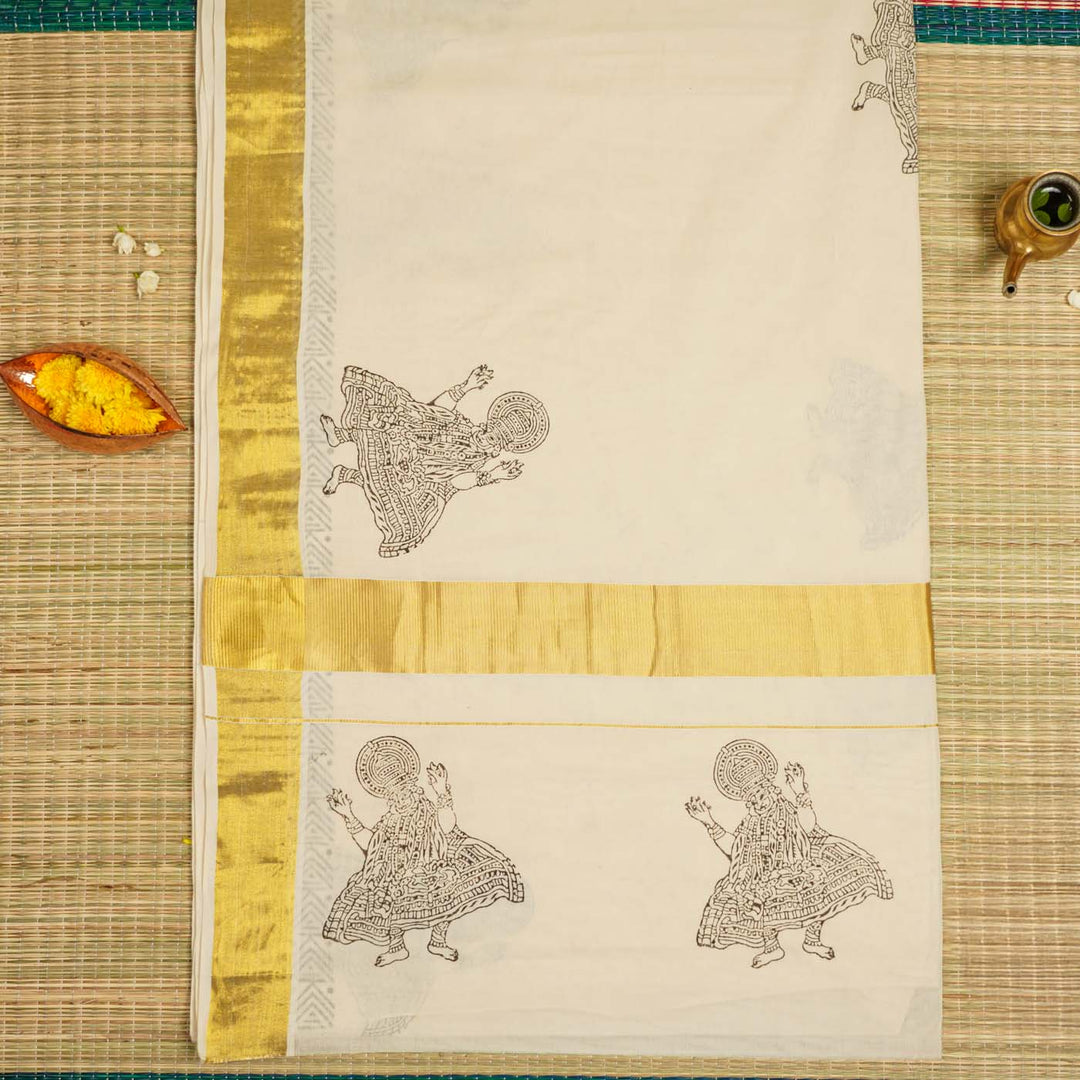 Kathakali Motif Saree | Hand Block Printed Pure Cotton Kerala Kasavu Saree | Onam Special | 5.5m + 80cm Blouse Piece