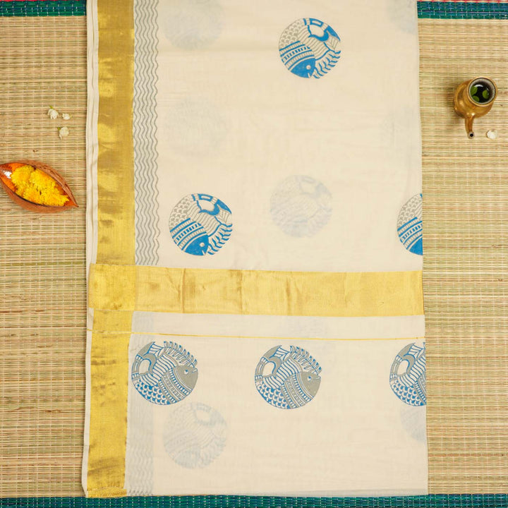 Fish Motif Saree | Hand Block Printed Pure Cotton Kerala Kasavu Saree | Onam Special | 5.5m + 80cm Blouse Piece