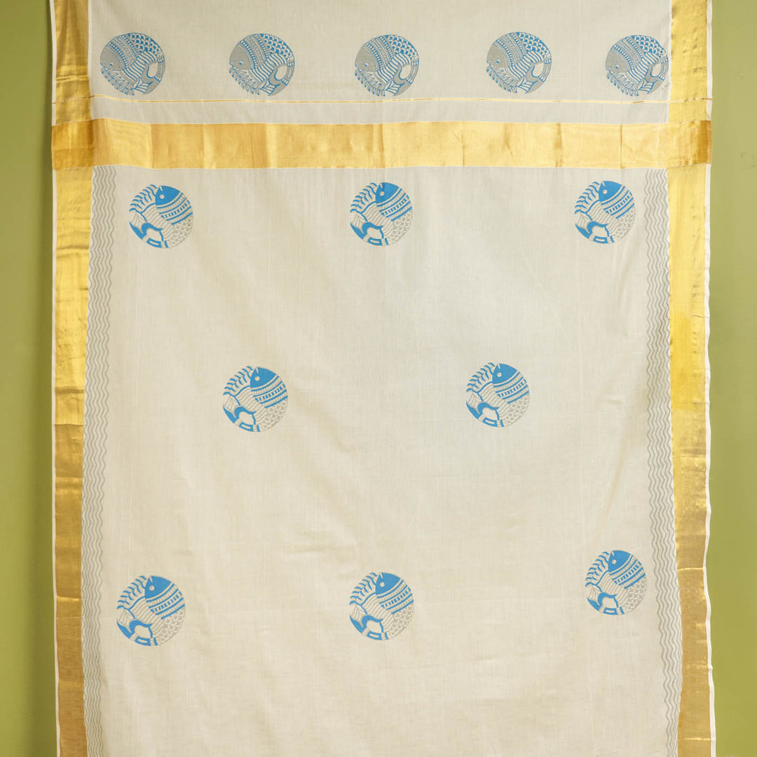 Fish Motif Saree | Hand Block Printed Pure Cotton Kerala Kasavu Saree | Onam Special | 5.5m + 80cm Blouse Piece