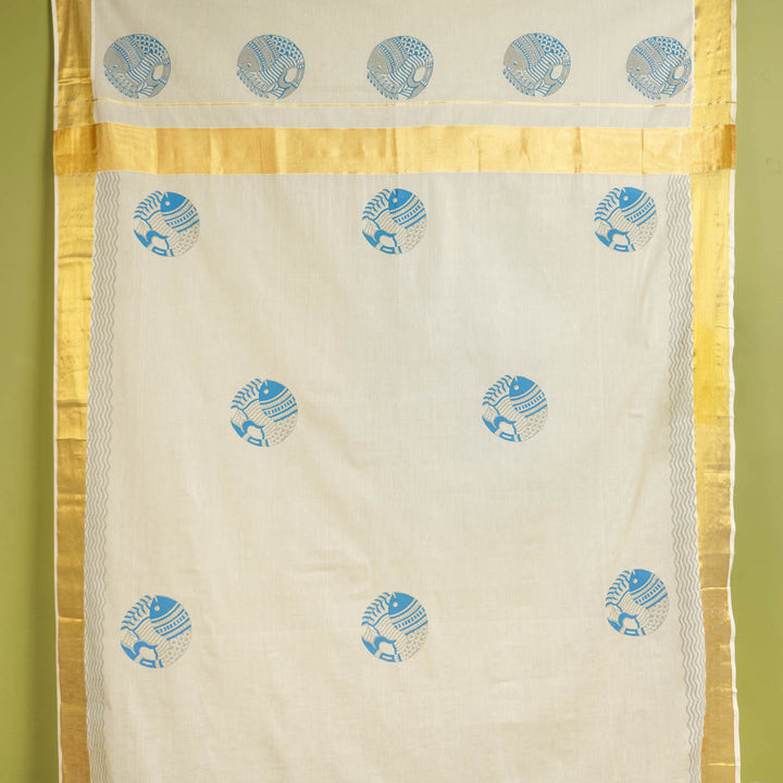 Fish Motif Saree | Hand Block Printed Pure Cotton Kerala Kasavu Saree | Onam Special | 5.5m + 80cm Blouse Piece