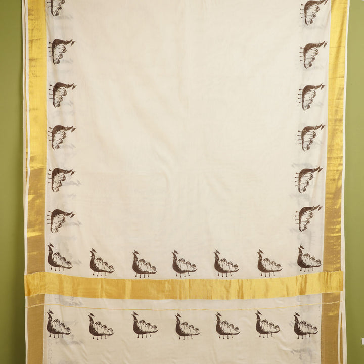 Boat Race Motif Saree | Hand Block Printed Pure Cotton Kerala Kasavu Saree | Onam Special | 5.5m + 80cm Blouse Piece