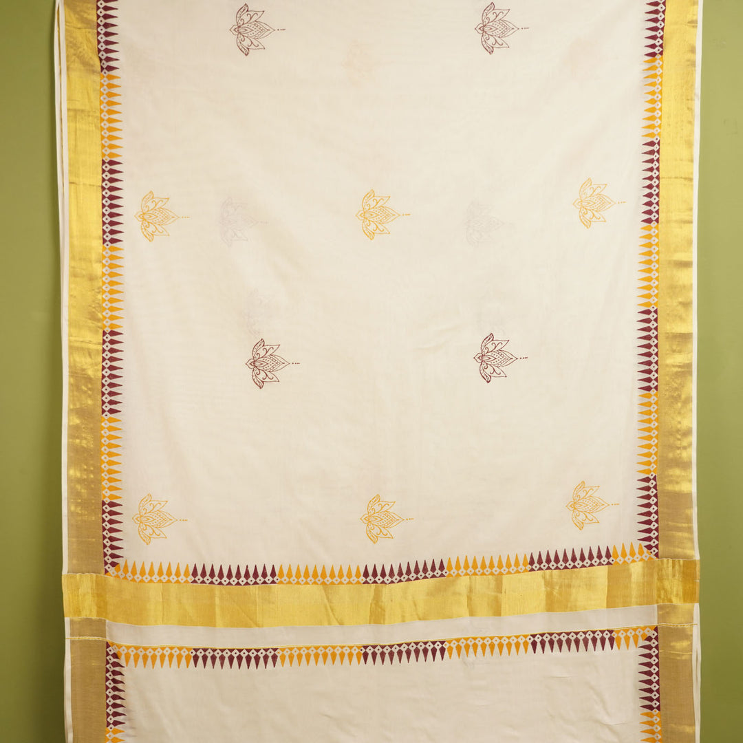 Lotus Motif Saree | Hand Block Printed Pure Cotton Kerala Kasavu Saree | Onam Special | 5.5m + 80cm Blouse Piece
