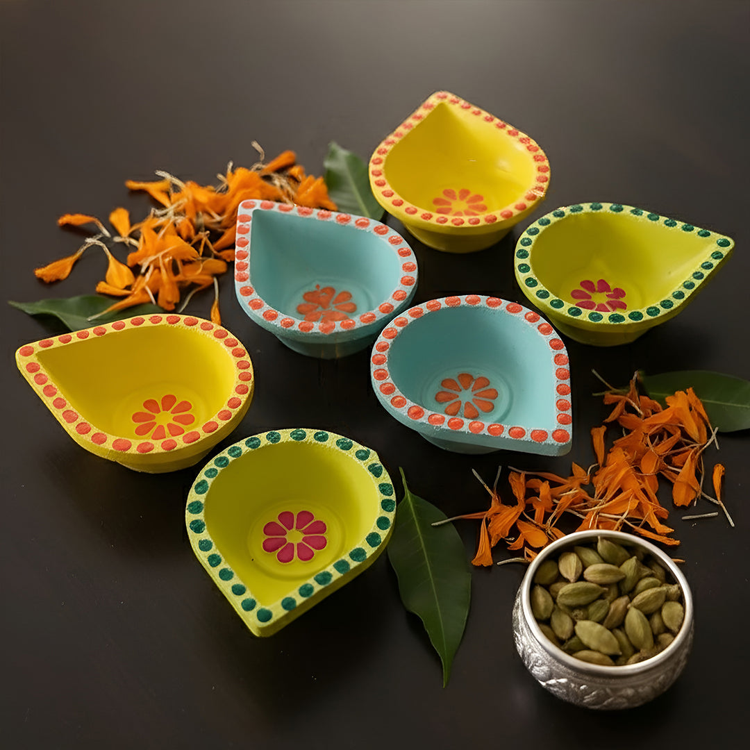 Hand-Painted Floral Theme Terracotta Diyas  | Set Of 6